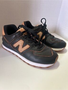 Rare New Balance 574 Leather Black Sneakers with Tan Leather Accents
